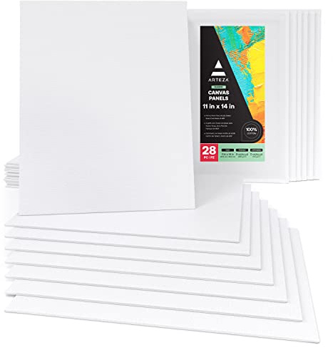 ARTEZA 11X14 White Blank Canvas Panels Boards, Bulk Pack of 28, Primed, Cotton for Acrylic Painting, Oil Paint & Wet Art Media, Canvases for Professional Artist, Hobby Painters & Beginners