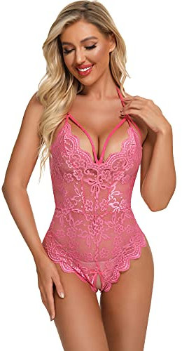EVELIFE Sexy Damen-Dessous, Spitzen-Body, einteilig, Teddy, Dessous, transparent, tiefer V-Ausschnitt, Bodysuit, rose, XXL