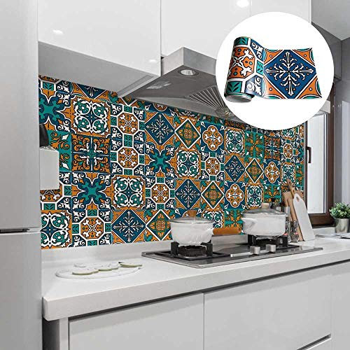 Stick on Tiles Orange Green Boho Tile Stickers PVC Self Adhesive Wall Tiles Heat Resistant Tile Stickers for Kitchen Bathroom Waterproof Peel and Stick Floor Tiles Tile Paint 20x500cm