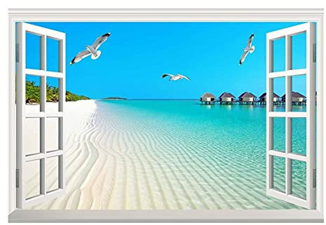 Lichi 3D Sea Beach Photo Wall Sticker, Self Adhesive Decal Paper, Living Room Faux Window Landscape Mural, Peel and Stick Wallpaper for Children Bedroom Decoration, Waterproof Easy Removable