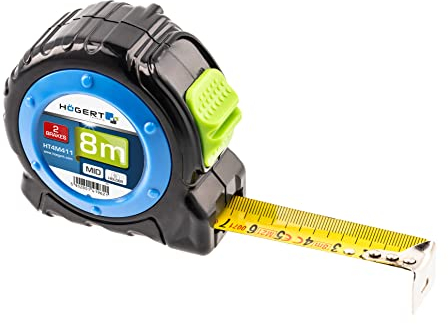Högert Technik - Ruban à mesurer professionnel de 8 m - Mètre ruban compact et universel - Clip de ceinture pratique - Bande en acier élastique de 0,11 mm d'épaisseur - Mécanisme d'enroulement automatique