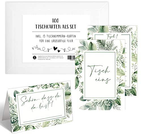 Hyggelig Home 100 Tischkarten Hochzeit Platzkarten Geburtstag - Schön dass du da bist Namensschilder zum selbst beschriften DIN A7 - inklusive 15 Tischnummer Karten - Eukalyptus