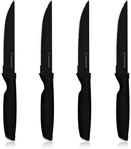 AMUSHOME Steak Knives Set of 4 – Stainless Steel Steak Knife with Sharp Serrated Edges & Ergonomic Non-Slip Handle, Rust-Proof & Scratch Resistant (Black)