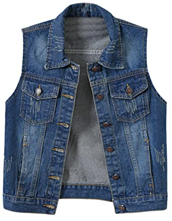 Chaleco de mezclilla para mujer lavado rasgado sin mangas, azul oscuro, XXL