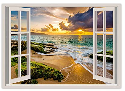 VFUNZA 3D Fenêtre Vue Tableau sur Toile-Coucher soleil plage avec vue mer-Impression de Nature sur Toile-Image Paysage sur Toile-Tableau Decoration Murale Salon 60x85cm23.6x33in Sans Cadre