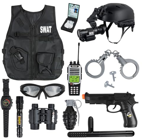 RedCrab Costume de Policier avec Casque, Menottes, Talkie-Walkie et Autres Accessoires, Deguisement Policier Enfant Jeu de Rôle Enfants Police Jouet pour Enfants Garçons Halloween Carnava