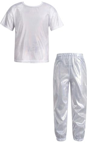 inhzoy Completo Sportivo Bambino Ragazzo Lucido Maglietta Sportiva Danza Moderna Manica Corta T-Shirt Maglia Lucida e Pantaloni Sportivi Tuta da GInnastica Ballo di Strada Argento 7-8 anni