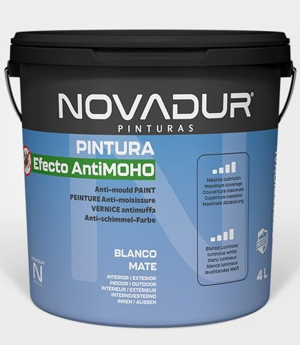 NOVADUR® Pintura pared blanca Antimoho | STOP MOHOS Y HONGOS | Antihumedad interior - exterior 4 Litros - 5 Kilos | Pintura blanca interior - exterior