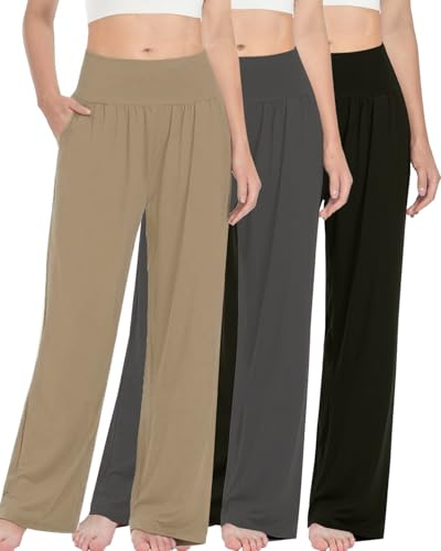 Kivdol Lot de 3 Pantalons décontractés Amples pour Femme, à Jambes Larges et Taille Haute, Pantalons de détente et de Yoga Confortables avec Poches, Taille L
