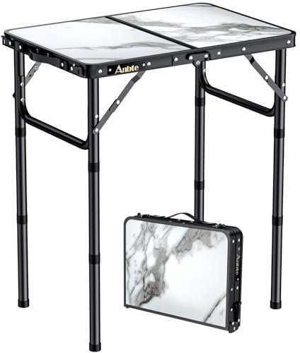 Anbte Campingtisch Klappbar 58x40cm Aluminium Rahmen mit 3 Höhen Verstellbar 26/48/70cm Picknicktisch mit Aufbewahrungsnetz Tragbar Multifunktionstisch für Camping Strand Garten (Marmor Weiß)