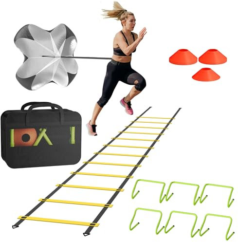 HENGMEI Fussball Trainingszubehör Fußball Trainingsset Koordinationsleiter Trainingsleiter mit 12 Scheiben Kegel 6 Verstellbare Hürden 1 Widerstandsfallschirm und Tragetasche