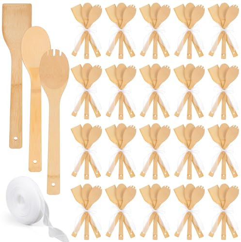 Reallnaive 72 Pcs Bamboo Spatula Wooden Kitchen Utensil Bulk 12''wood Spoon Spatula for Cooking with Ribbon Bridal Baby Shower Game Prize Wedding Party Favors Housewarming Gift (Various Style)
