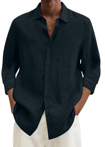 Linen Shirts Mens Button Down Beach Causal Shirts For Men Adult Round Neck-3/4 Length Sleeve Casual Basic Shirt Solid Color Regular Fit Tops Tee Oversized Tropical Holiday Beach Mens Tops Casual Smart
