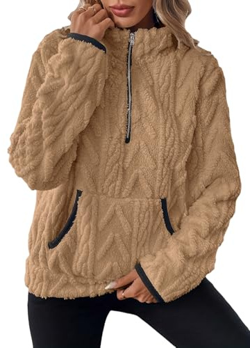 ROFUSSO Felpa Morbida da Donna Maglia Invernale in Pile a Maniche Lunghe Felpa Casual Invernale Maglione Caldo in Sherpa con Tasche(Khaki,M)
