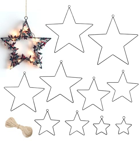 LAFO 10 stelle in metallo, colore nero, 2 pezzi, 10/15/20/25/30 cm, decorazione natalizia con corda di iuta da 10 m, decorazione a stella, stella di Natale, decorazione da parete