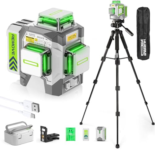 Huepar Pro Laser Level 360 Self Leveling with 50inch Tripod, 3 x 360° High Brightness Green Laser Leveler Tool for Construction, Tile and Picture Hanging, 8000mAh Li-ion Battery & Magnetic Bracket