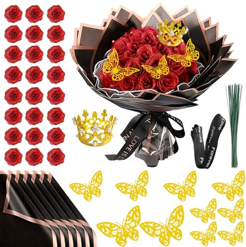 Glitter-rosbukett, alla hjärtans dag, 24 stycken konstgjorda rosbuketter, gör-det-själv konstgjorda glitterblombuketter med krona för gåvor, bröllop, årsdag, förlovning, födelsedag, mors dag (röd)