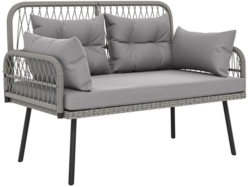 Outsunny Canapé de Jardin avec Coussins et oreillers 2 Places en résine tressée, canapé d'extérieur avec accoudoirs, Cadre en Acier galvanisé pour Balcon, Gris foncé