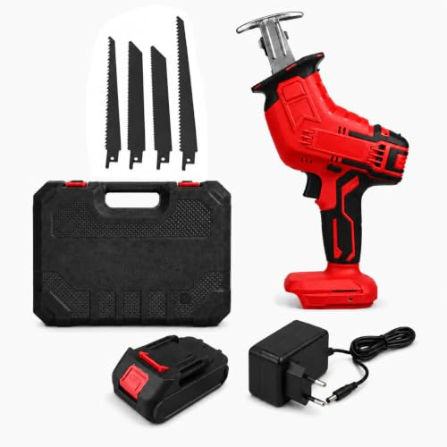 Sierra Eléctrica para Huesos 21V sin Cable con Maletín, Sierra de Sable para Carne Congelada, Costillas, Madera, PVC y Metal Fino, Incluye 4 Hojas (Rojo, 2 pilas)