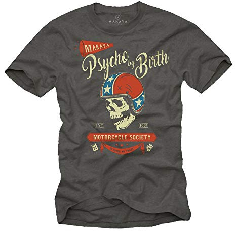 MAKAYA Camisetas Motorcycle Hombre - Psycho by Birth - T-Shirt Skull Calavera con Casco Moto Jet Gris L