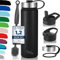 Milu Botella de Agua, 500ml, 750ml, 1000ml (+3 Tapas) - Acero Inoxidable, Libre BPA, Para Bebidas Calientes, Frías y Carbonatadas (Negro, 750ml)