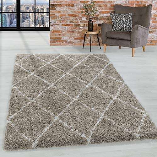 HomebyHome Shaggy Teppich Wohnzimmer 120 x 170 cm - Hochflor Teppich Skandi Rauten Beige Extra Weich und Flauschig - Bettvorleger Teppich für Schlafzimmer, Küchenläufer - Carpet, Halı, Kilim