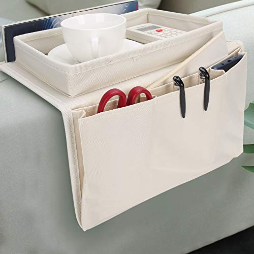 BORDSTRACT Organizzatore per Bracciolo del Divano, Vassoio da Divano, con Supporto per Telecomando, Telefono, Riviste e Portabicchieri, Borsa da Divano(beige)