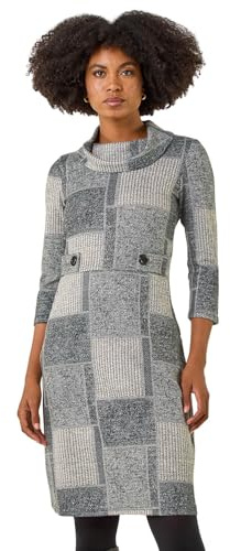 Roman Originals Patchwork Cowl Neck Button Detail Dress for Women UK - Ladies Everyday Holiday Autumn Winter Pull-On 3/4 Sleeves Comfy Soft Vacation Evening Work - Light Charcoal - Size 14