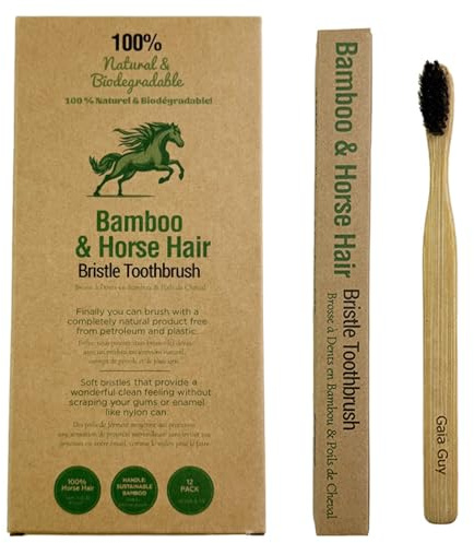 Gaia Guy Cepillo de Dientes de Bambú con Cerdas de Pelo de Caballo Natural (Pack de 12) – 100% Compostable y Sin Plástico, Sin Nailon, Eco-Friendly Zero Waste, Cerdas Suaves para Encías Sensibles