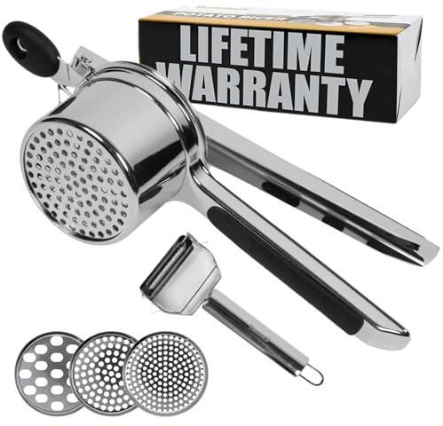 YumRico Potato Ricer 15 oz - Large Potato Masher Stainless Steel & Mashed Potatoes Tool - Stainless Steel Potato Masher with 3 Interchangeable Disc - Masher Kitchen Gadgets