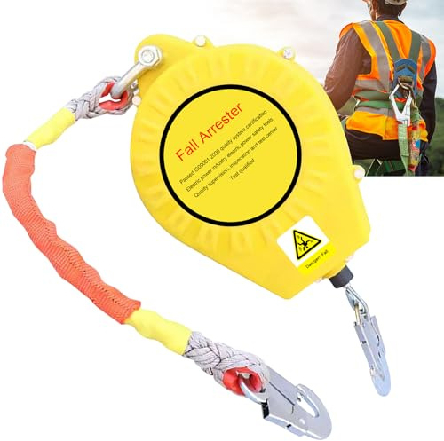 VFDZ Dispositivo Anticaduta Retrattile Certificato, Dispositivo di Sicurezza Anticaduta, Kit Imbracatura Anticaduta Tetto con Gancio Autobloccante, Capacità di Carico:150kg (Yellow, 10m)