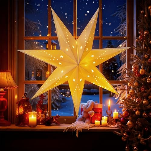 Etoile Lumineuse 60cm Étoiles Pliantes en Papier, Étoile de Noel Lumineuse Suspendre, Etoile Sapin de Noel Lumineuse LED,Noel Décoration étoile Lumineuse pour Mariage Fête Decoration
