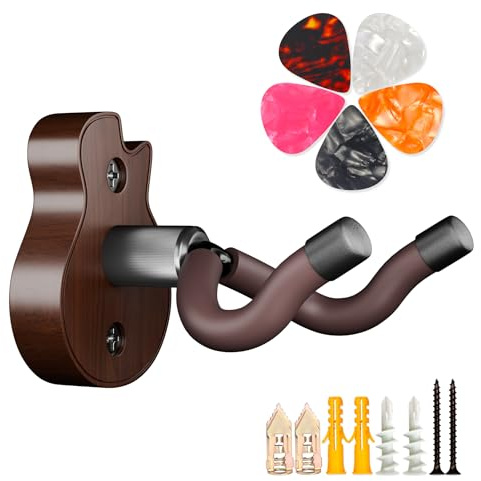 Support mural pour guitare – Support mural en forme de U pour guitare avec 5 médiators de guitare, support mural pour guitare acoustique, guitare électrique, banjo, basse, mandoline (style B-noyer)