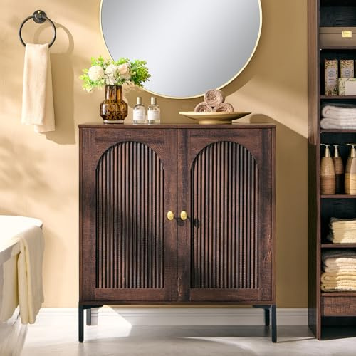 IFGET Bathroom Storage Cabinet with Doors, 34 Tall Fluted Arched Free Standing Floor Cabinet w/Adjustable Shelves, Modern Sideboard Cabinet for Bathroom, Kitchen, Living Room, Entryway, Brown