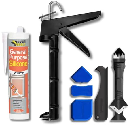 White Silicone Sealant Anti Mould Bundle - General Purpose Waterproof White 280ml, Dripless Smooth-Rod Caulking Gun (Controlled Release), Silicone Finishing Tool Set