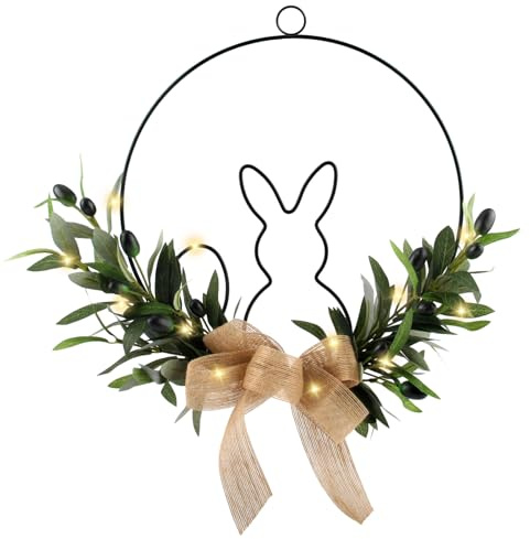GZGXKJ Corona de Pascua para Puerta de casa, 30 cm, Guirnalda de Pascua con Cadena de Luces, decoración de Pascua, Puerta con Conejo, Hojas de Olivo, Colgante para decoración de Pascua, Exterior y