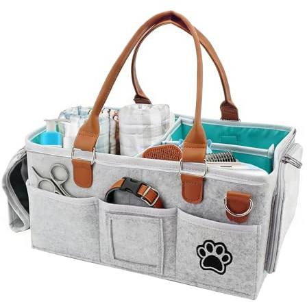 Hynorian Sac Rangement Toilettage Chien Pliable en Feutre Compartiments | Sac de Rangement Accessoires Chien avec Poignée et 8 Poches, Sac Pliable en Feutre pour Outils Toilettage Chiens Chats Maison