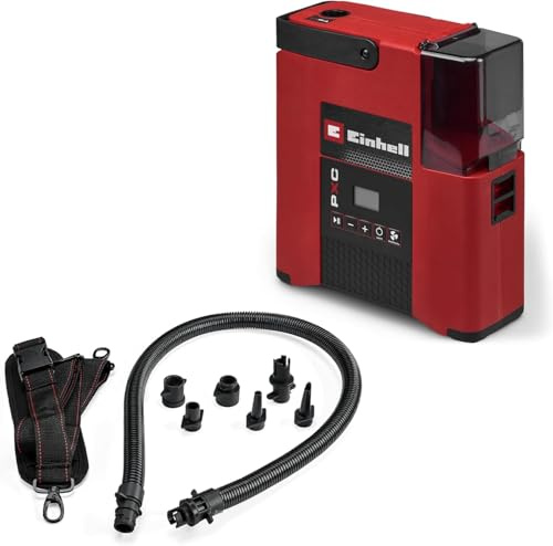 Einhell Pompa SUPPERO 18/380 Power X-Change (18 V, inflazione + deflazione, max. 1,38 bar / 20 PSI, max. 380 L/min, arresto automatico, cinghia di trasporto, incl. 7 adattatori, senza batteria)