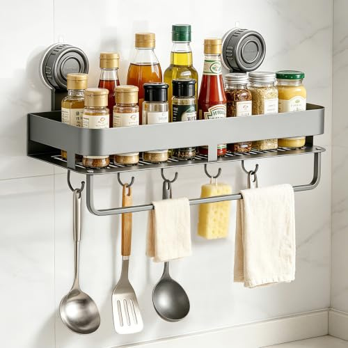 HOTOOLME Spice Rack with 5 Hooks Wall Mounted Shelf for Kitchens
