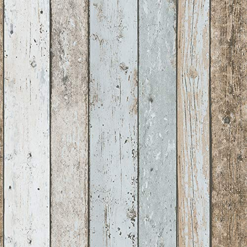 BRICOFLOR Papier peint imitation bois usé bleu Tapisserie effet bois bleu pastel & beige Papier peint style marin moderne salon & cuisine
