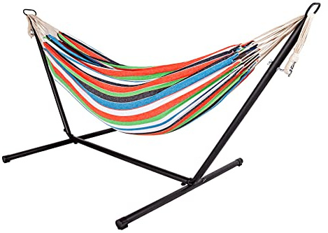 Hamaca doble para exteriores con estructura – 285 x 120 x 110 cm – hamaca para 2 personas – soporta hasta 150 kg (Vibrant Striped)