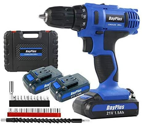 21V Portable Cordless Power Drill Set Impact Screw Driver with 1500mAh Li-Ion Rechargeable Battery 18+1 Torque Setting 45N.m 2 Speed Control with LED Light, 29PCS Accessories, Carrying Case