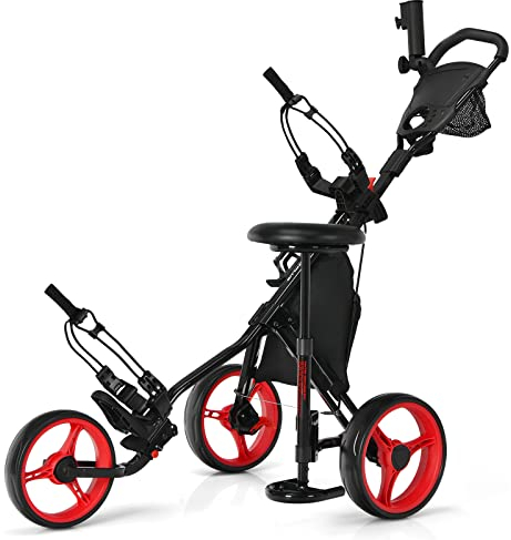 GOPLUS 3-Rad Trolley, Golftrolley mit Scoreboard, Klappbares Golfwagen mit abnehmbarem Sitz und großer Aufbewahrungstasche, Golfcart mit Fußbremse, Schiebenwagen Trolley für Golf, Metall, Schwarz
