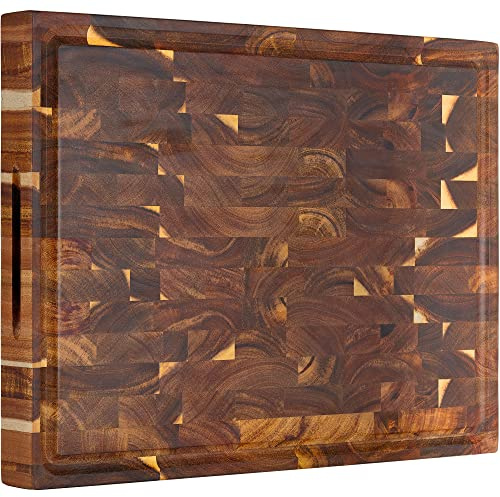 AZRHOM Acacia End Grain Cutting Board 17x13 Reversible Wood Butcher Block, Large Thick Chopping Board For Kitchen With Juice Groove & Handles (Gift Box)