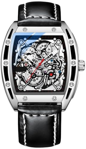 RORIOS Herren Automatik Mechanische Uhren Leuchtend Uhren mit Lederband Tonneau Skelett Zifferblatt Armbanduhr