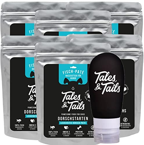 Tales & Tails® - Schlecktubenpaket I Futtertube für Hunde + 6X hochwertige Belohnung zur Befüllung I 6 x 300g Nassfutter I Monoprotein I 100% Dorsch