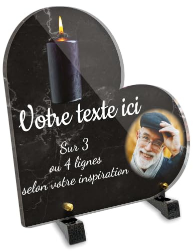 Placa funeraria corazón con foto personalizable en plexi, diseño de vela negra, diferentes tamaños, grosor de 6 mm, personalizado en varias líneas, 20 x 20 cm