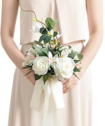 Ling's moment Künstliche Blumen Weißer Brautjungfernstrauß, Weiße & Salbei Hochzeitsblumensträuße für Brautjungfern, 7 Zoll Brautsträuße für Brautjungfern, Hochzeit, Zeremonie, Jubiläum, etc