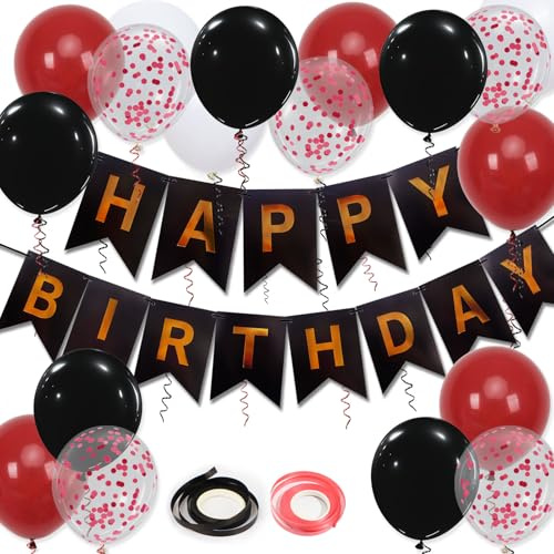 Happy Birthday Banner, Red Birthday Decoration, 16 pcs 12 inch Happy Birthday Balloons with 2 Ribbons for Men Women Girls and Boys Birthday Party Decoration