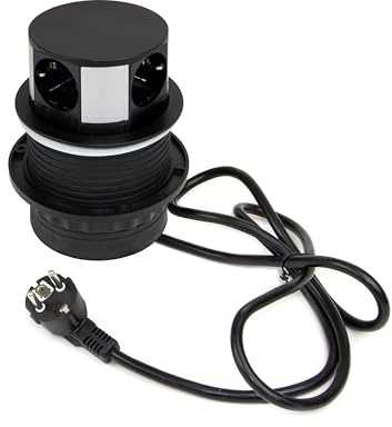 Emuca - Multiconector extraíble Vertikal Push diámetro 100mm, 3 enchufes Tipo Schuko, 1 USB Tipo A, 1 USB Tipo C, Acero y Plástico, Pintado Negro